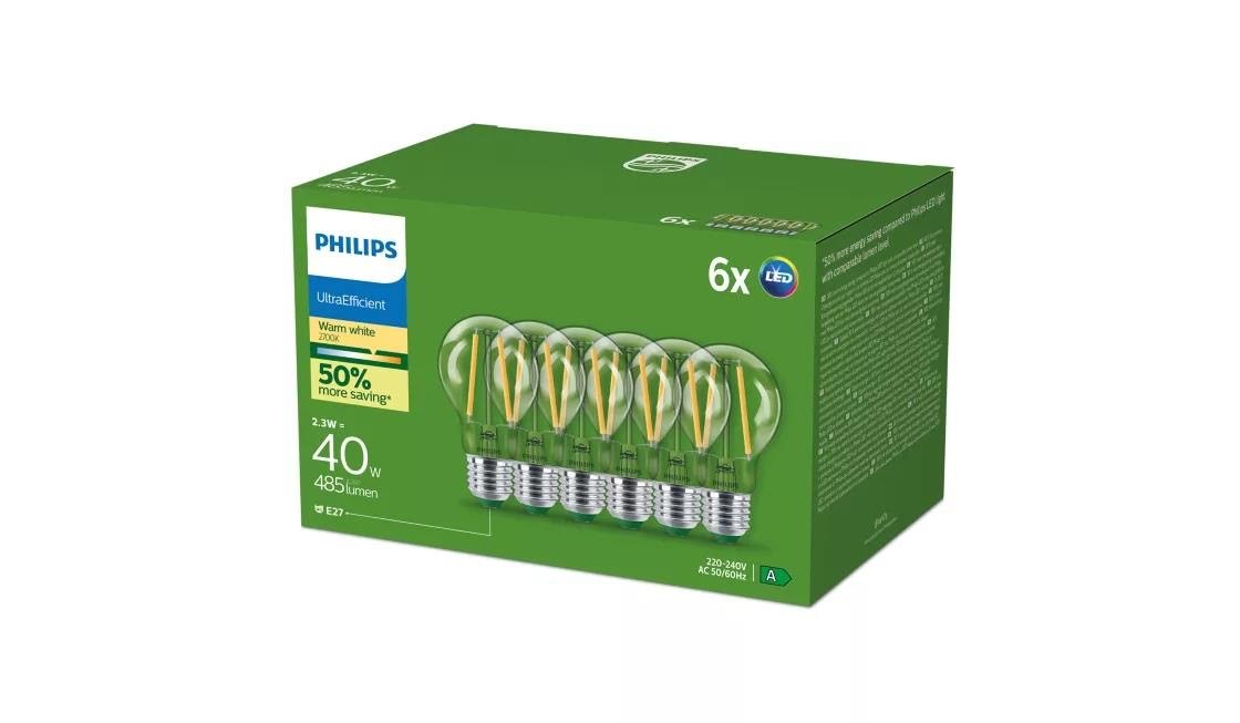 Philips LED filament-magnetic light bulb Ultra Efficient A60 2,3W/827 (40W) Klar 6-pak E27