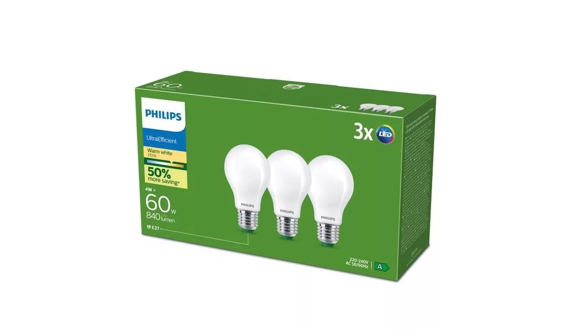 Philips LED pære Ultra Efficient A60 4W/827 (60W) Mat 3-pak E27 Lyskilde 929003623793