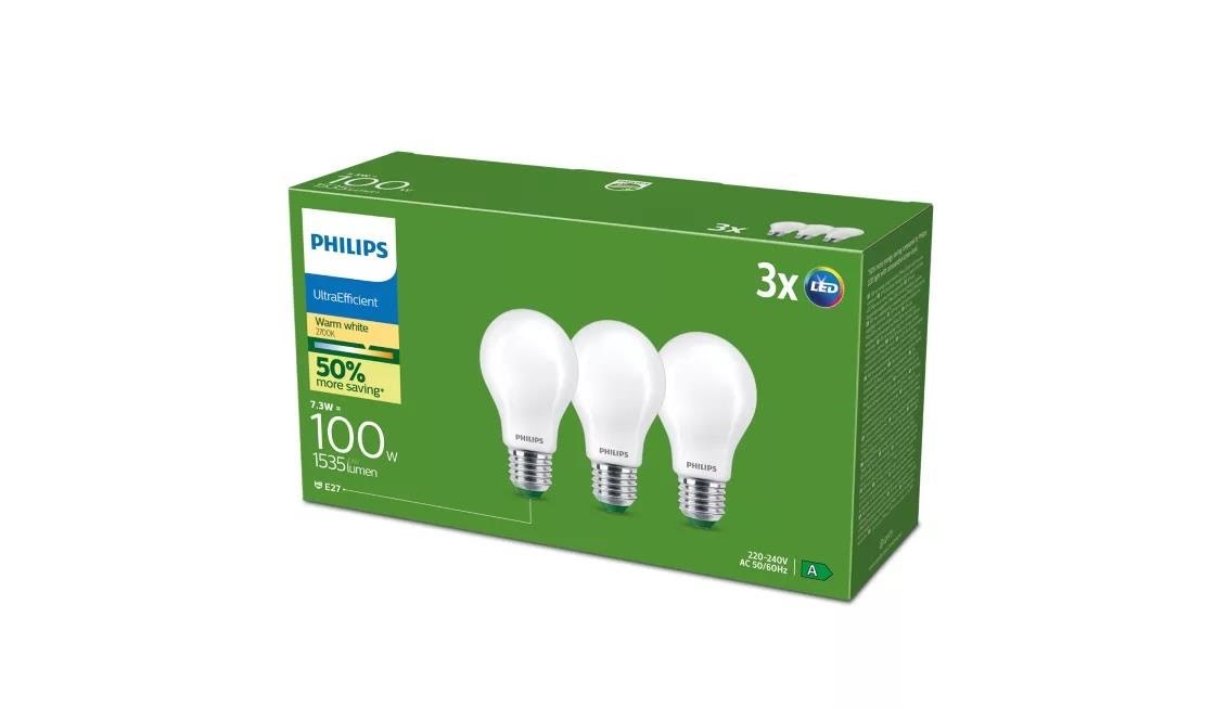 Philips LED pære Ultra Efficient A60 7,3W/827 (100W) Mat 3-pak E27 Lyskilde 929003625331
