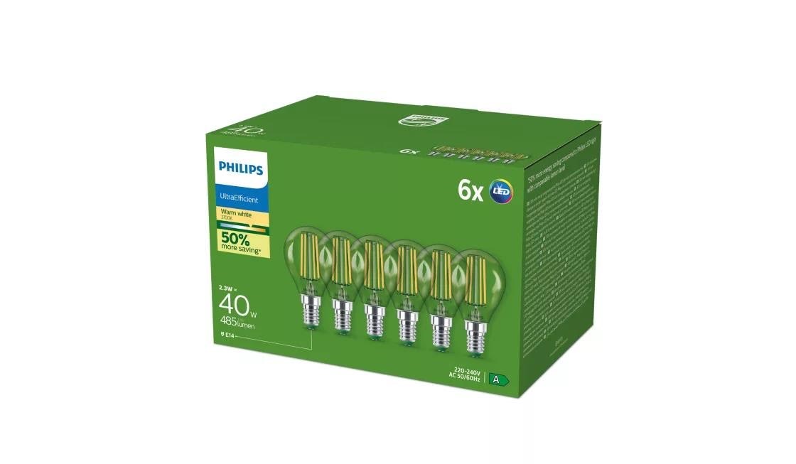 Philips LED pære Ultra Efficient P45 2,3W/827 (40W) Klar 6-pak E14 Lyskilde 929003801131