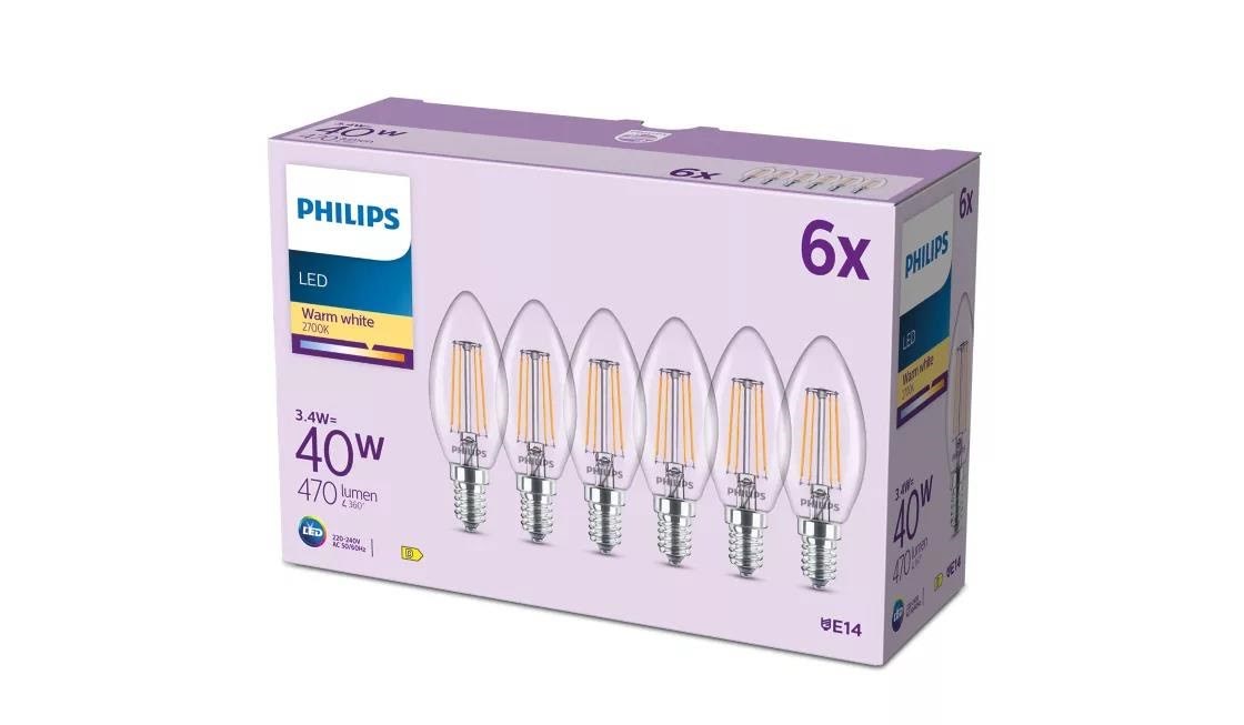 Philips LED pære B35 3,4W/827 (40W) Klar 6-pak E14 Lyskilde 929004589663