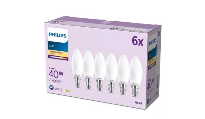 Philips LED pære B35 3,4W/827 (40W) Mat 6-pak E14 Lyskilde 929004589763