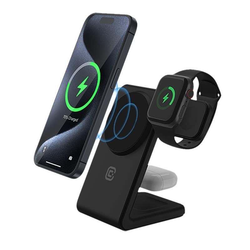 CRONG MagSpot Pivot Stand - 3-in-1 Wireless Charger with MagSafe for iPhone Apple Watch and AirPods - Black Mobil Oplader CRG-MSPS-BLK