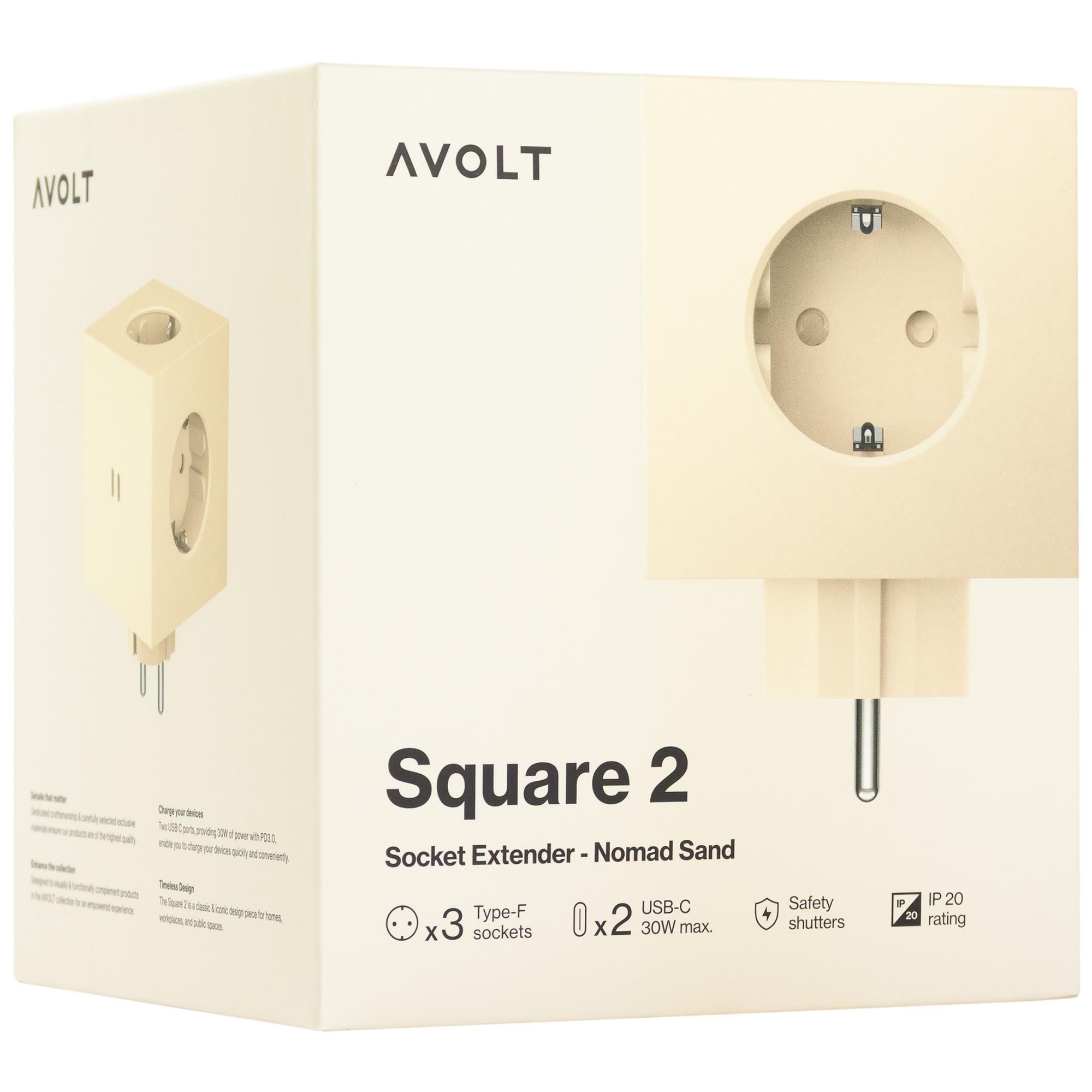 AVOLT Square 2 Socket extender with 30W Dual USBC Beige Afbrydermateriel SQ2-EUFC30-WMBE