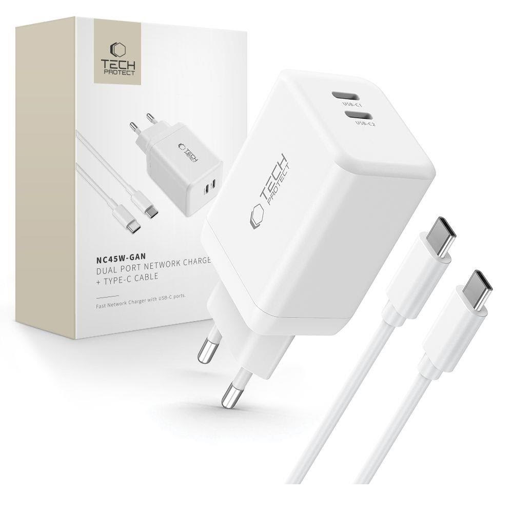 Tech-Protect NC45W-GAN 2-PORT PD45W + TYPE-C CABLE - White Mobil Oplader 5906302372409