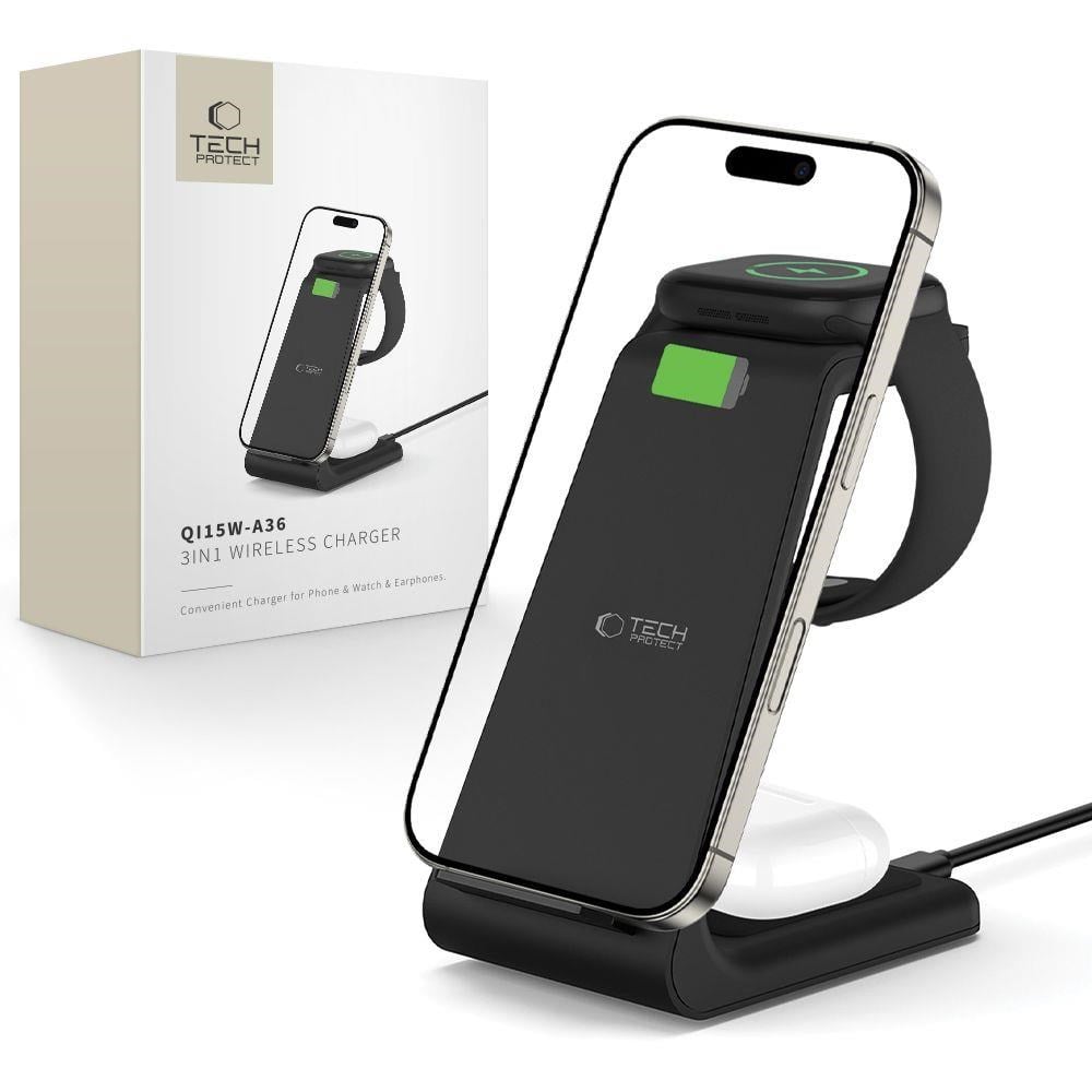 Tech-Protect QI15W-A36 3in1 Charging Station for Apple - Black Mobil Oplader 5906302372140