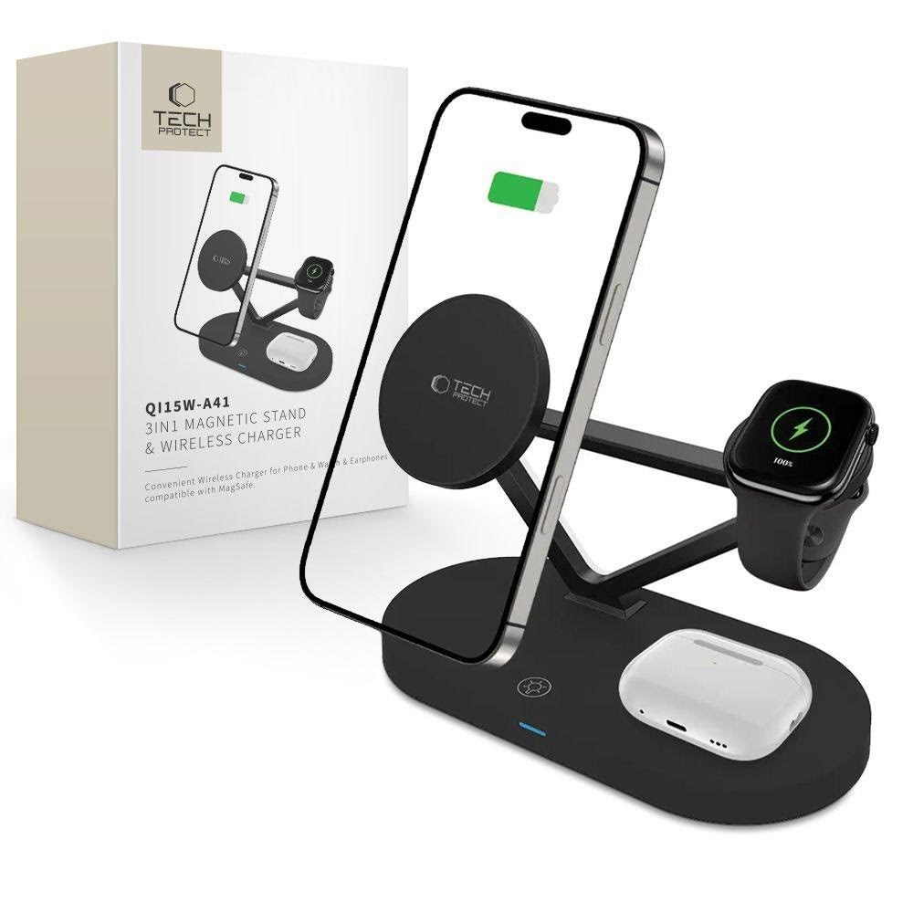 Tech-Protect QI15W-A41 3in1 Wireless Charger with MagSafe for Apple Devices - Black Mobil Oplader 5906302380152