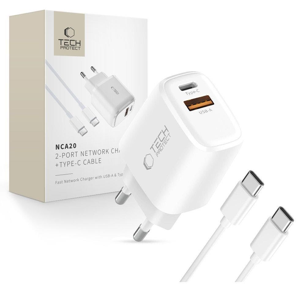 Tech-Protect NCA20 PD 20W QC3.0 USB-A / USB-C + USB-C / USB-C Cable 100cm - White Mobil Oplader 5906302330553