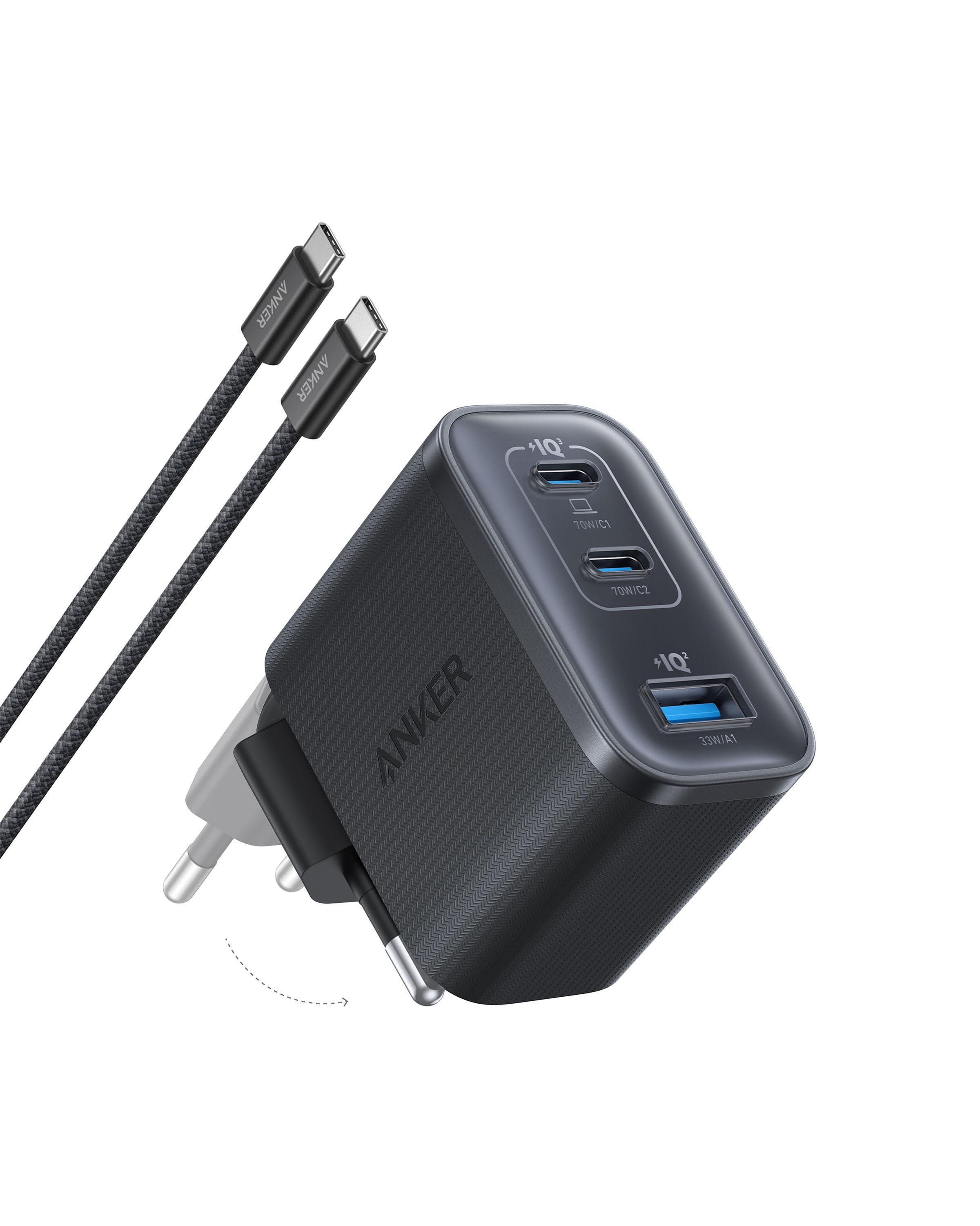 Anker Nano Charger (70W 3 Ports - Incl. Cable) - Black Mobil Oplader B121A311