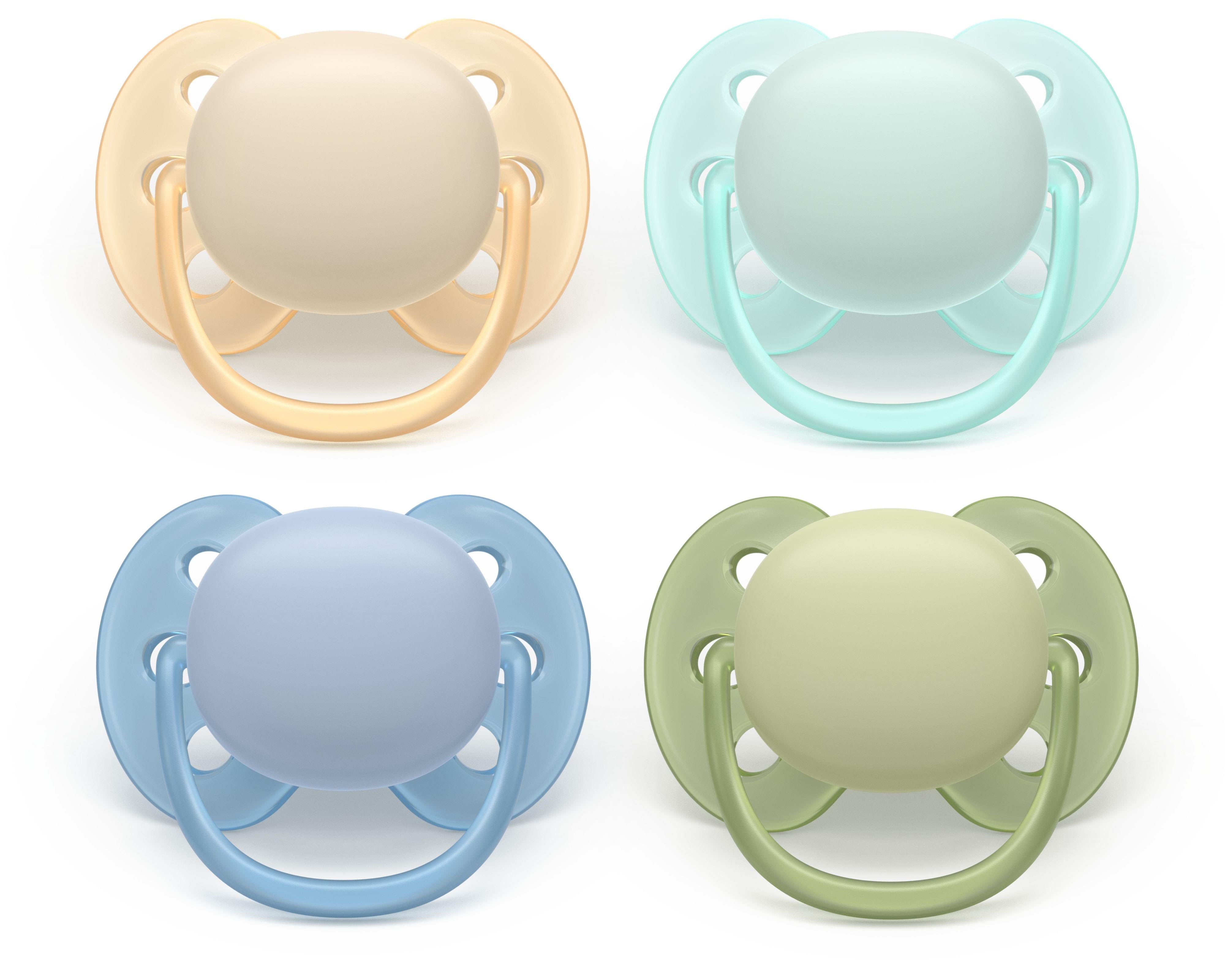 Philips Avent Pacifier ultra soft 4 pack 0-6 mdr. gul/hvid/blå/grøn Babyudstyr SCF091/50