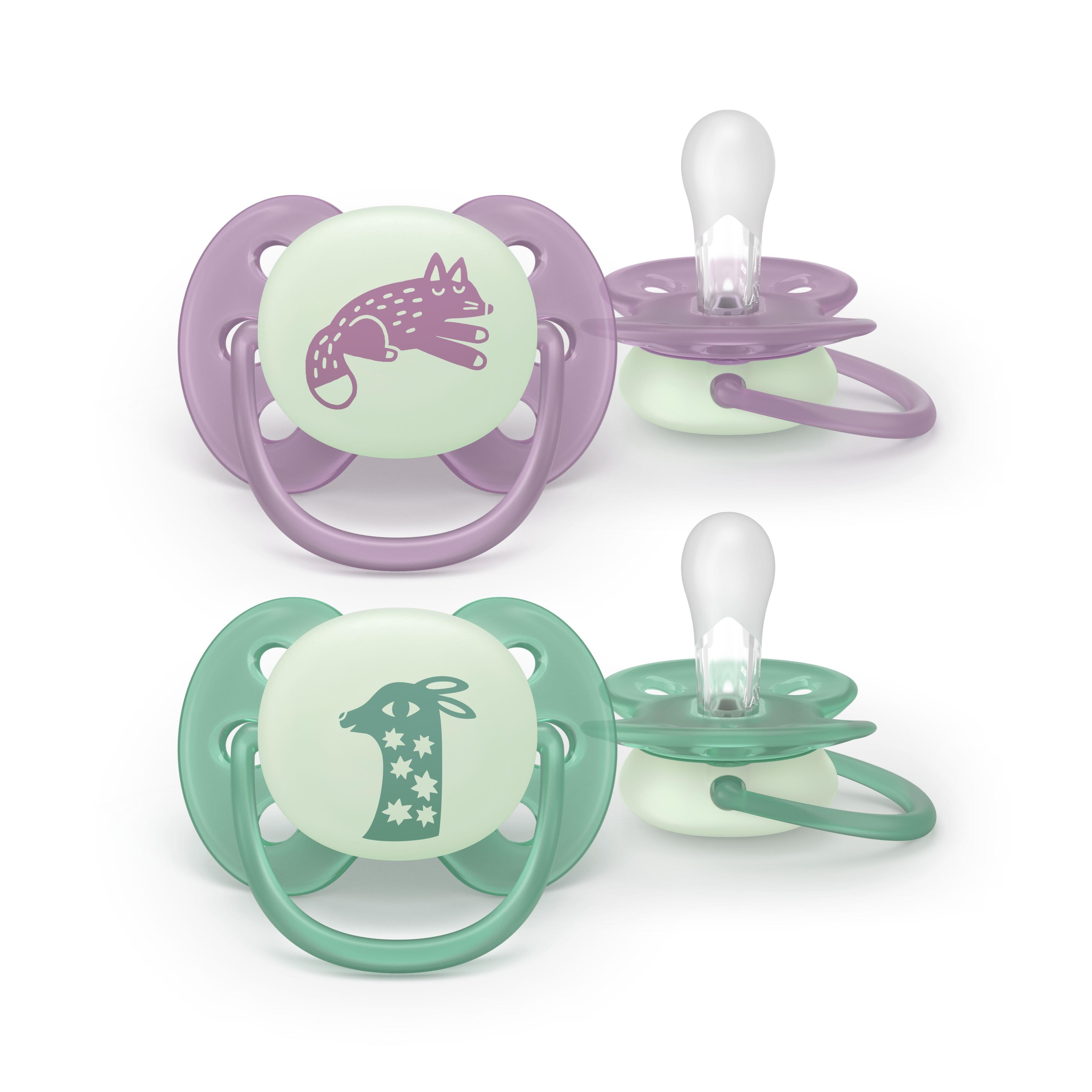 Philips Avent Pacifier ultra soft nighttime 2 pack 6-18 mdr. pink/grøn Babyudstyr SCF094/04