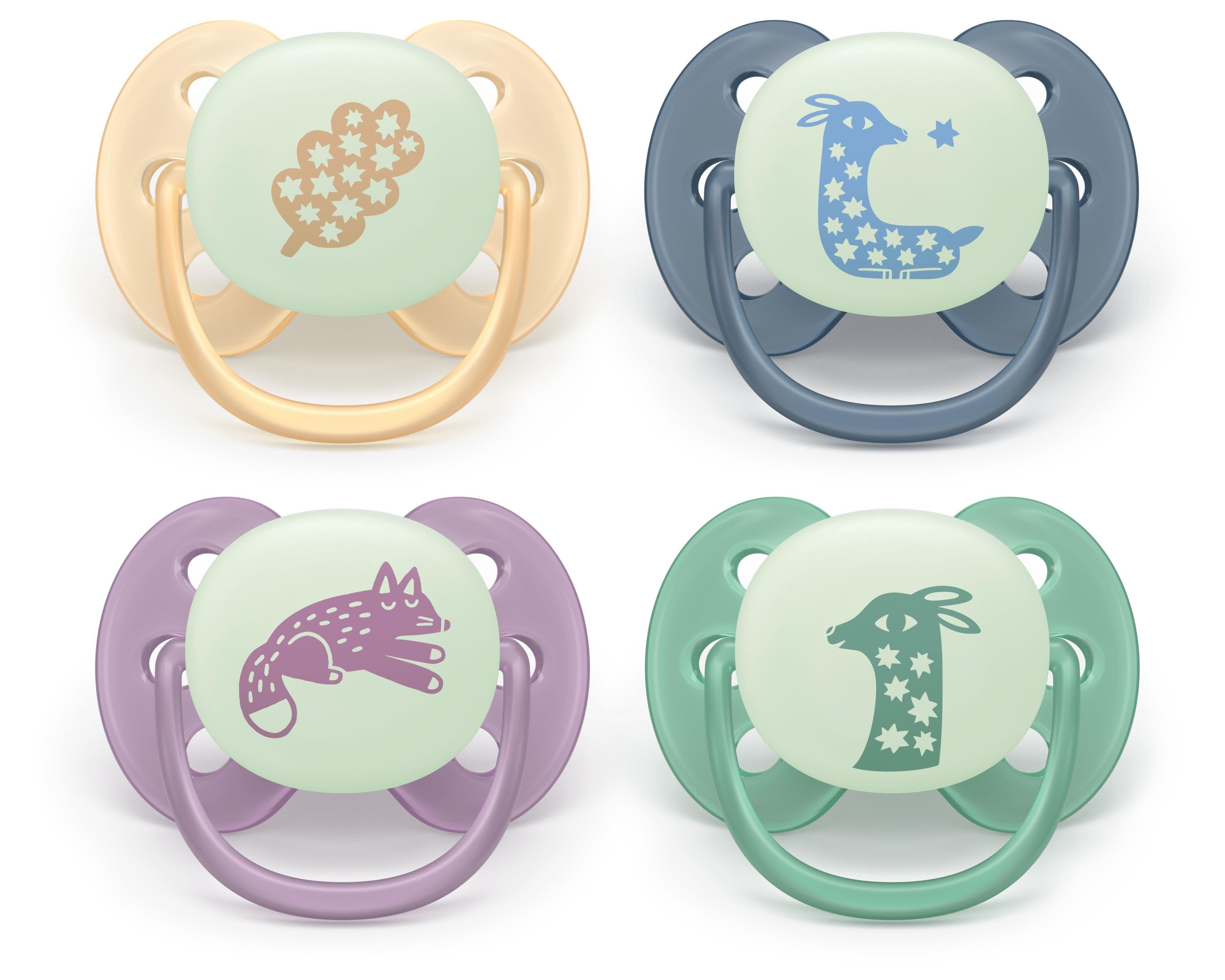 Philips Avent Pacifier ultra soft nighttime 4 pack 6-18 mdr. gul/grå/pink/grøn Babyudstyr SCF094/08