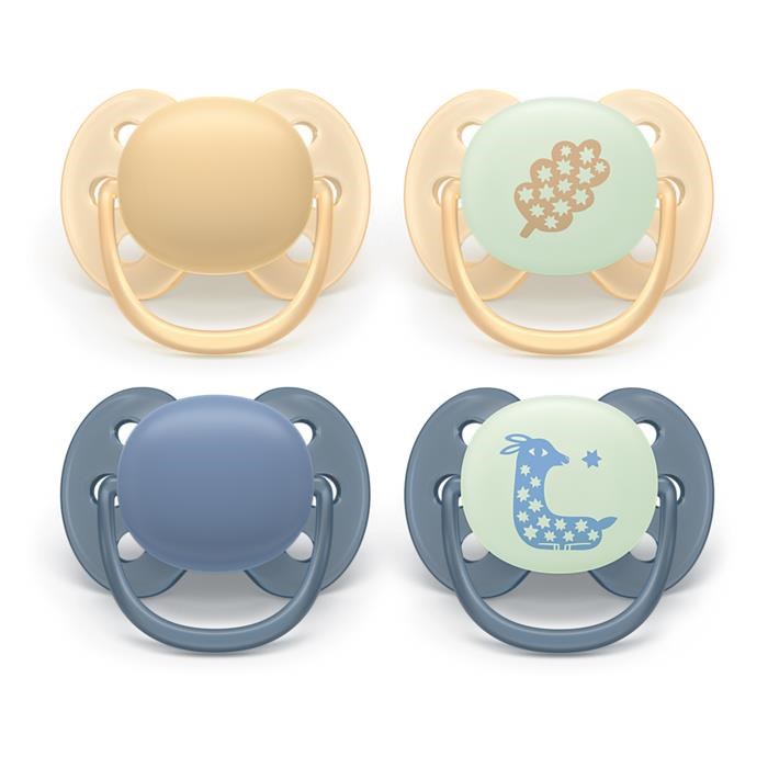Philips Avent Pacifier ultra soft nighttime 4 pack 6-18 mdr. gul/blå Babyudstyr SCF094/10