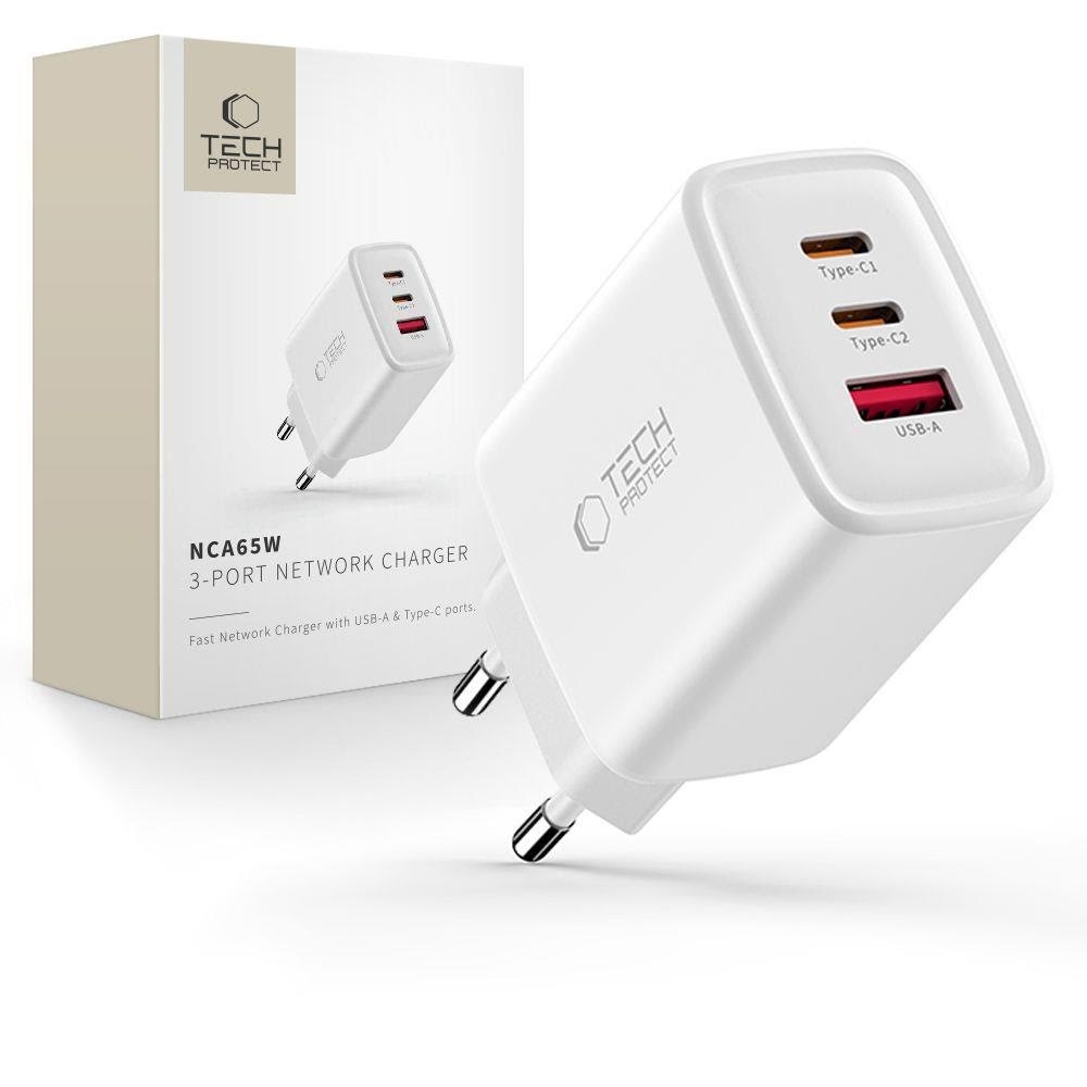 Tech-Protect NCA65W-GAN AC Charger 3-Ports 65W - White Mobil Oplader 5906302336074