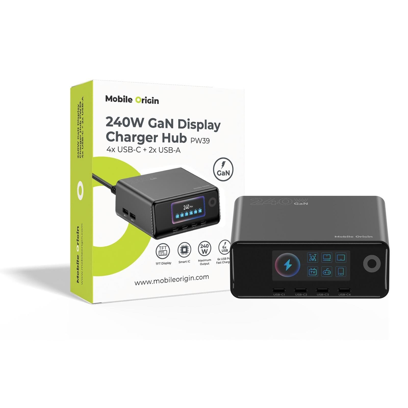 Mobile Origin 240W GaN Display Charger Hub PW39 - 4x USB-C + 2x USB-A Mobil Oplader MO-240WDCH-PW39