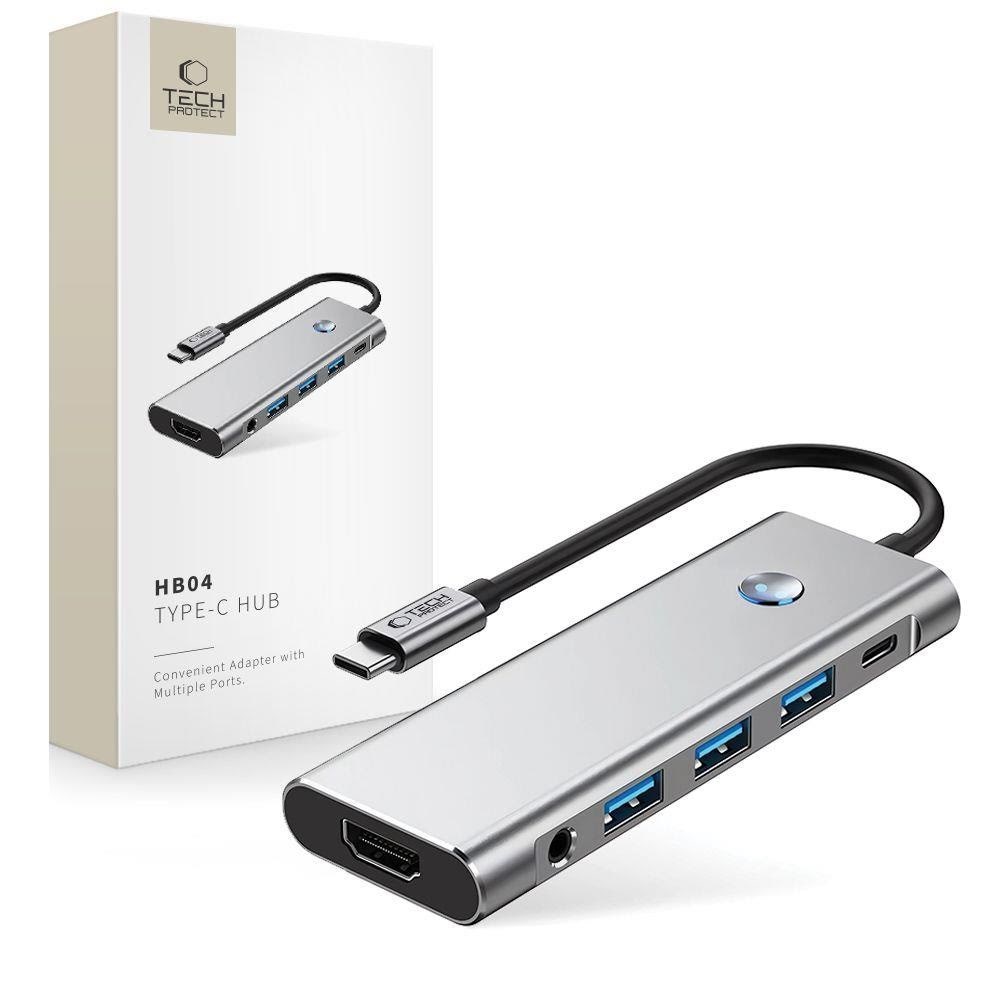 Tech-Protect HB04 HUB Adapter 9in1 USB-C + USB2.0 + USB3.0 + HDMI 4K 60Hz + SD / TF + PD100W + AV3.5 - Grey USB hub - USB 3.0 - 5 ports - Grå