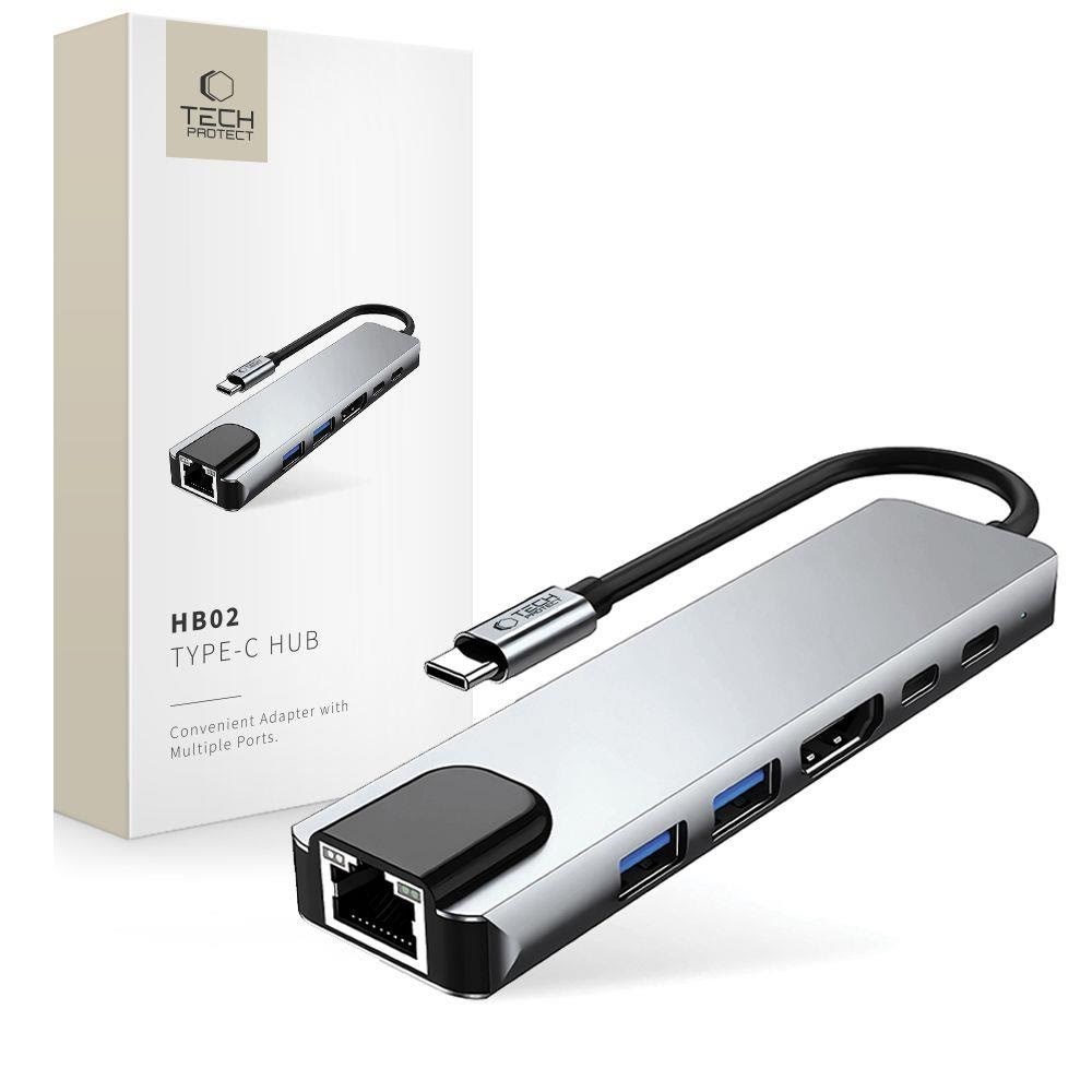 Tech-Protect HB02 HUB Adapter 6in1 USB-C + USB2.0 + USB3.0 + HDMI 4K 30Hz + RJ45 + PD100W - Grey USB hub - USB 3.0 - 6 ports - Grå