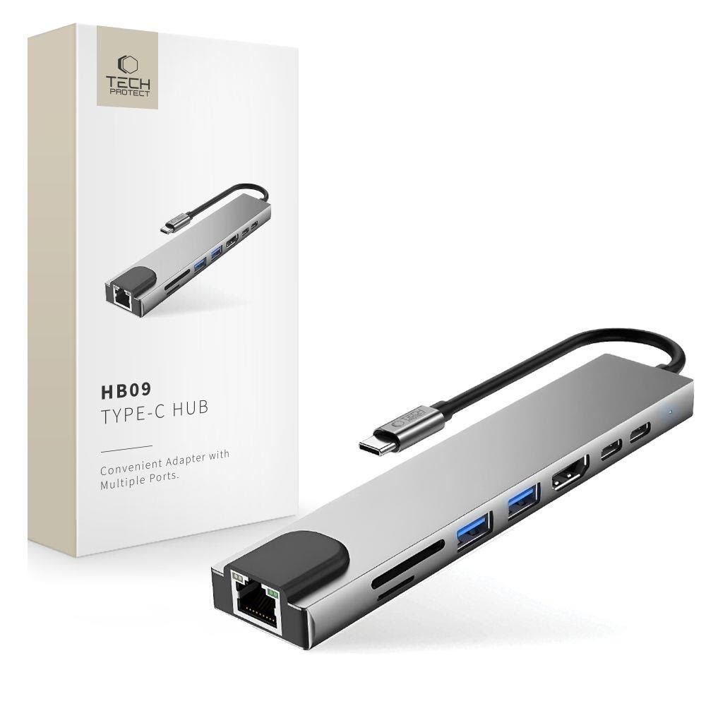 Tech-Protect USB Hub HB09 8in1 TYPE-C + USB-A 3.0 + USB-C 3.0 + HDMI 4K 60HZ + SD/TF + PD100W + RJ45 1000 MB/S - Grey USB hub - USB 3.0 - 8 ports - 