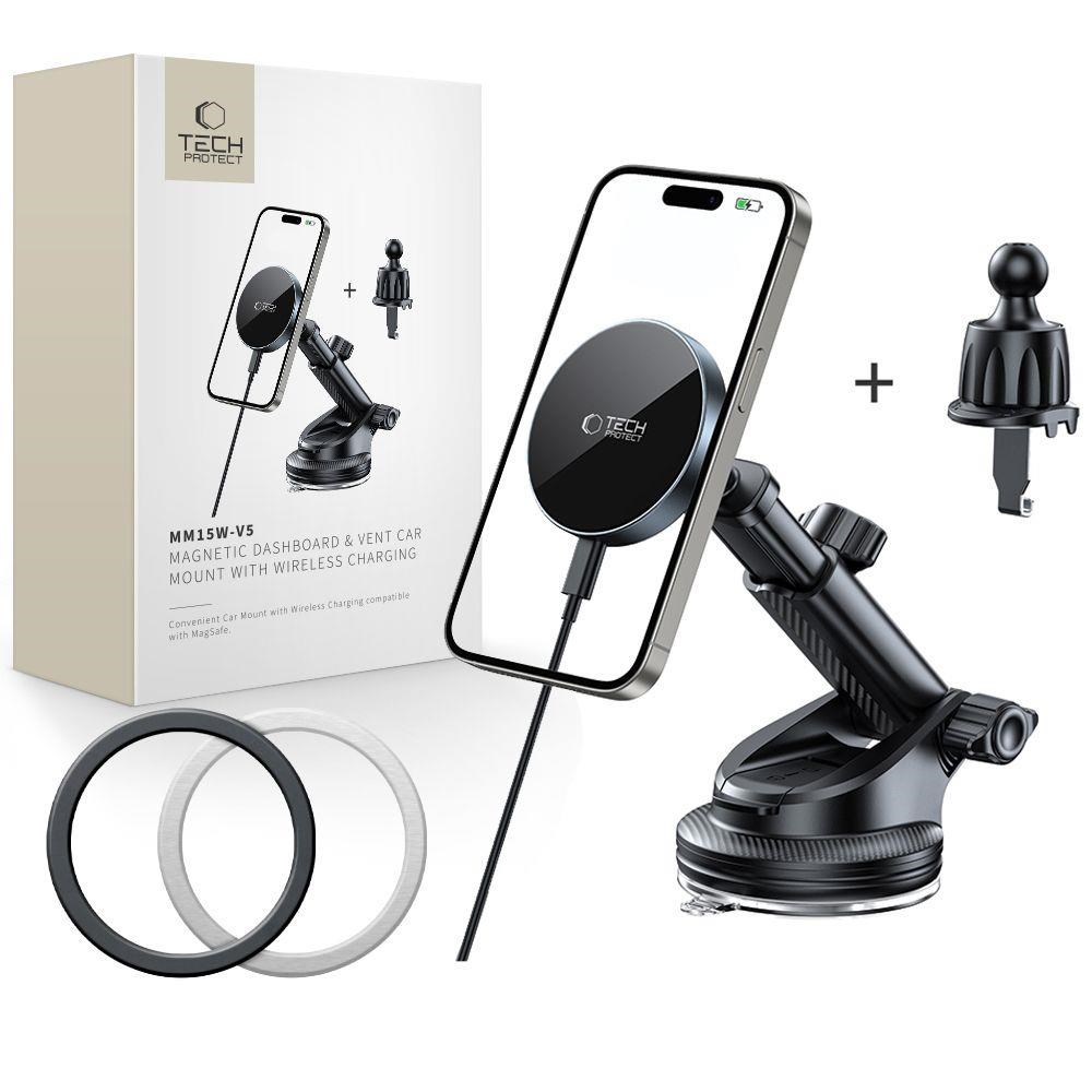 Tech-Protect mm15W-V5 Magnetic MagSafe Car Mount for Cockpit / Windshield / Air Vent - Black Mobil Oplader 5906302361045