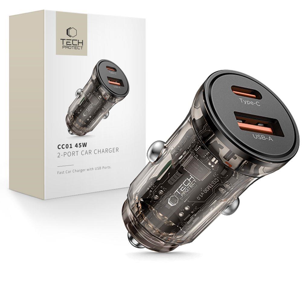 Tech-Protect CC01 Car Charger 45W 2-Ports USB-A / USB-C - Black Mobil Oplader 5906302361298