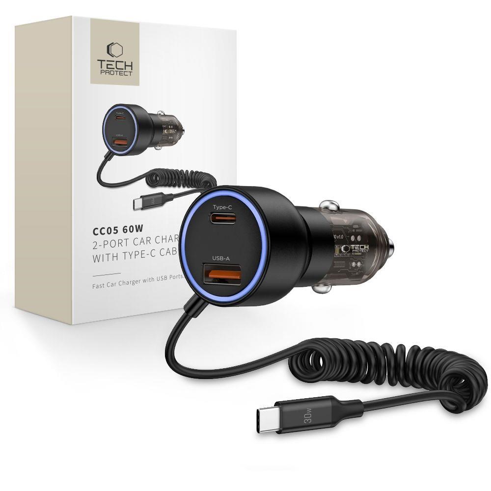 Tech-Protect CC05 Car Charger 2-Ports PD60W + USB-C Cable - Black Mobil Oplader 5906302361717