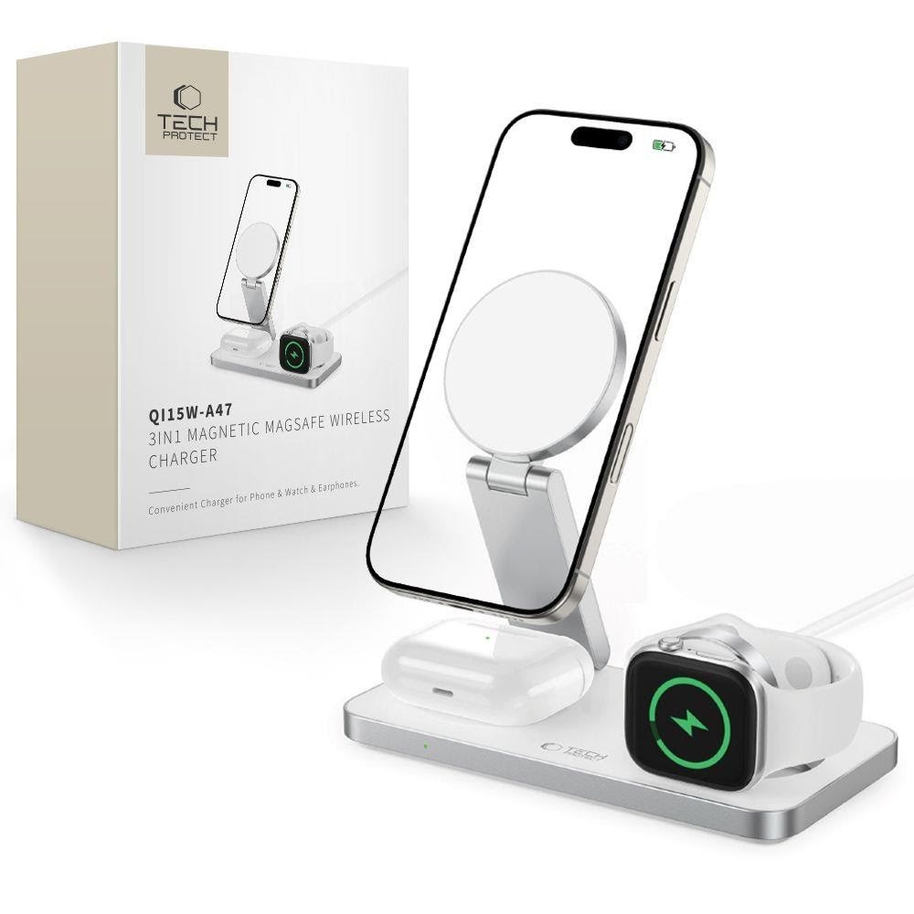 Tech-Protect QI15W-A47 MagSafe 3in1 Inductive Charger + USB-C Cable - White Mobil Oplader 5906302362530