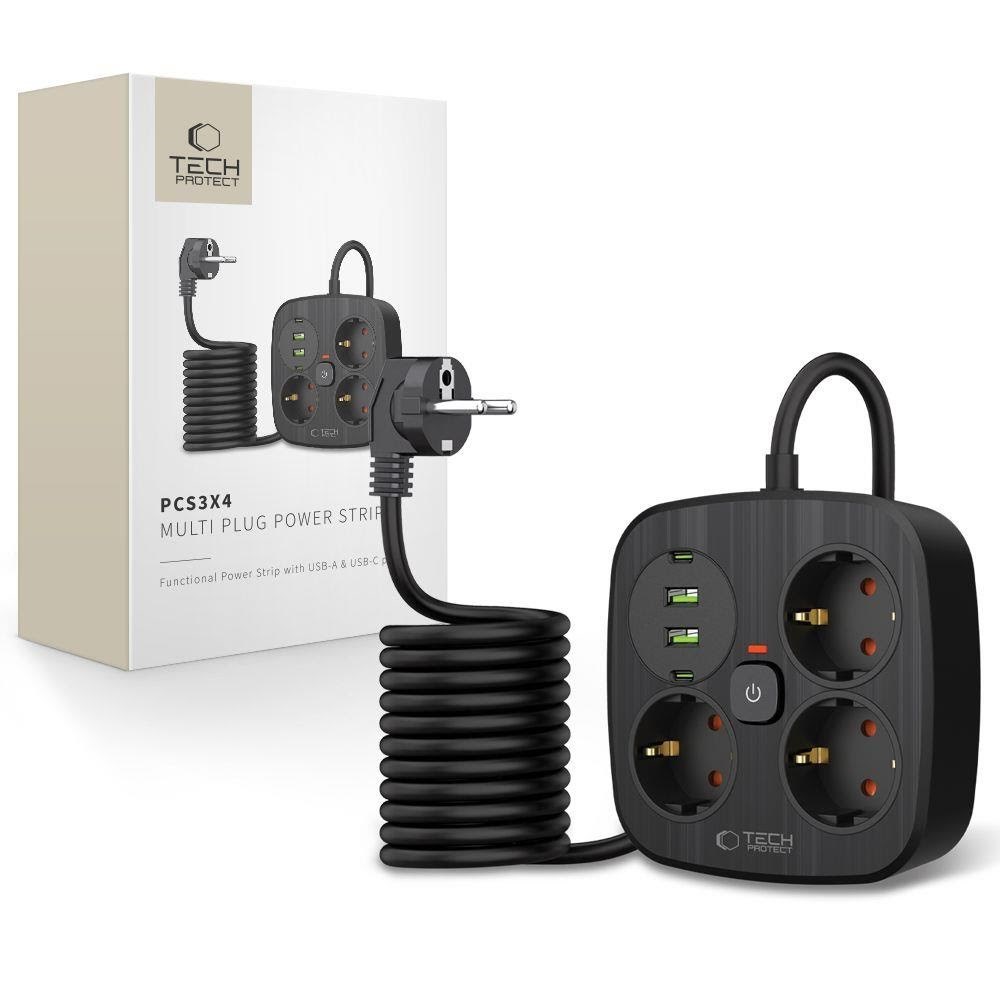 Tech-Protect PCS3X4 Power Strip 3 AC Outlets 2xUSB-A 2xUSB-C 200 cm - Black Mobil Oplader 5906302363414