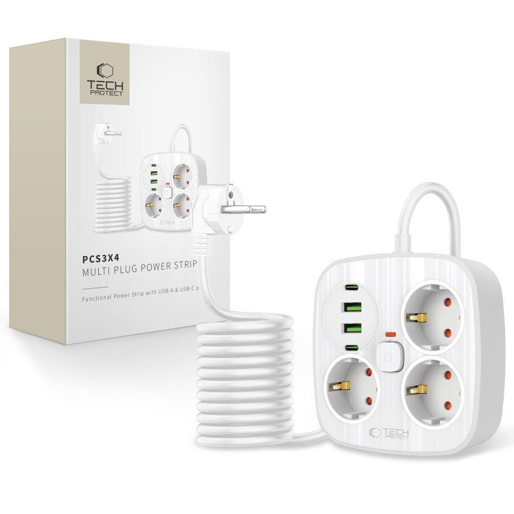 Tech-Protect PCS3X4 Power Strip 3 AC Outlets 2xUSB-A 2xUSB-C 200 cm - White