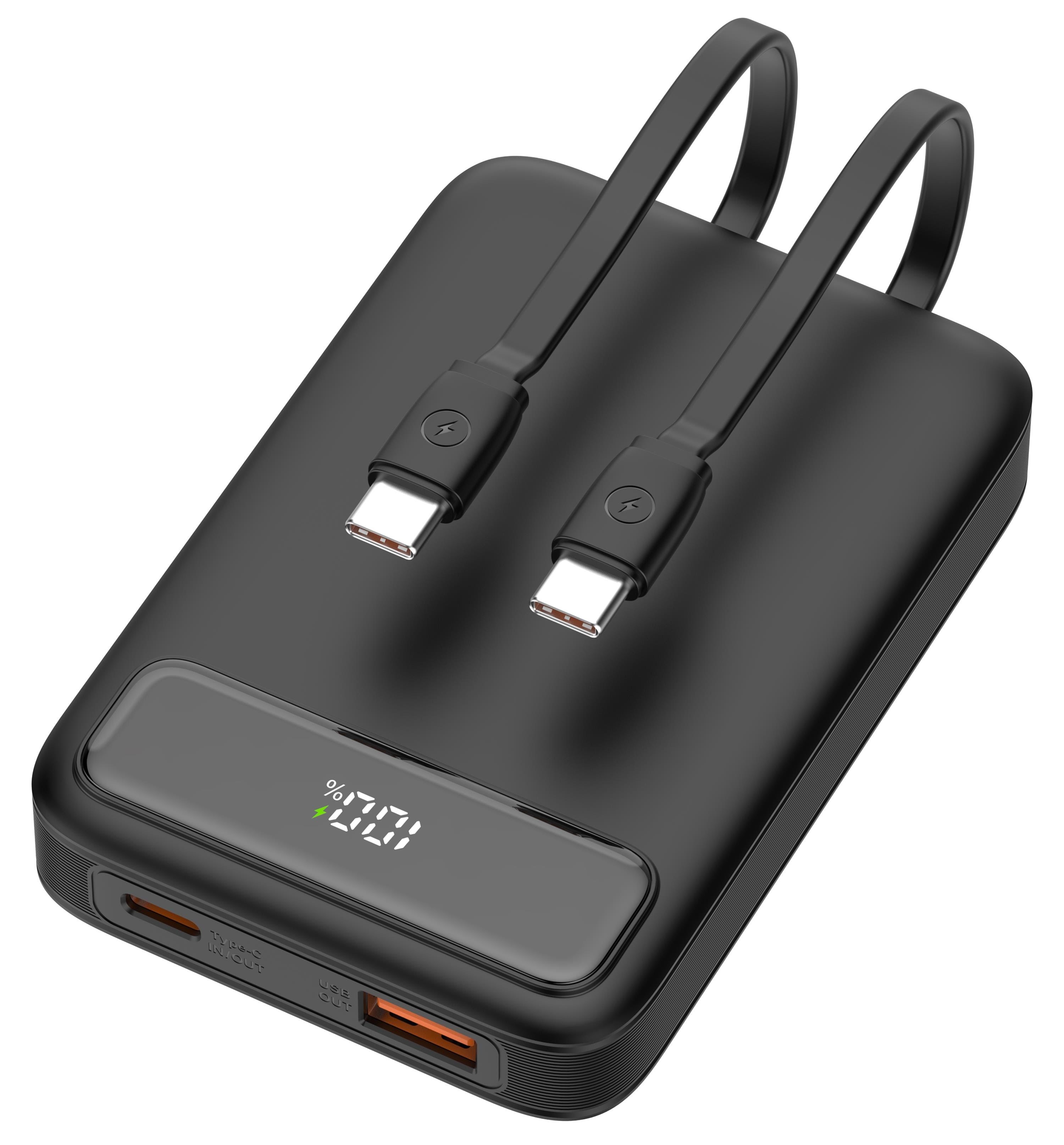 Deltaco PB-CC100 Powerbank | 2x USB-C cables built-in | 1x USB-A & 1x USB-C Ports | PD | Black - 10000 mAh