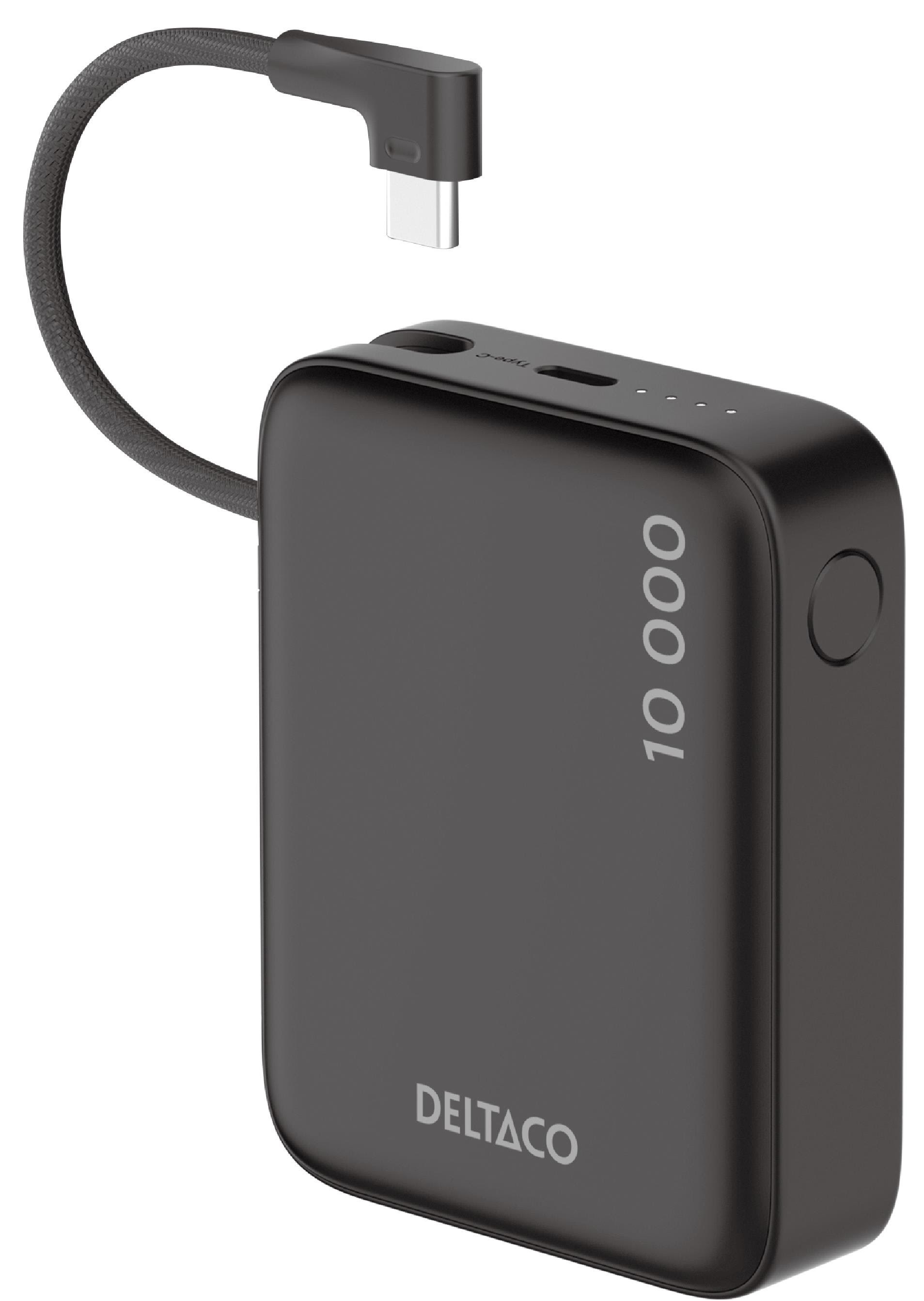Deltaco PB-CC101 Powerbank | Built-in fabric USB-C cable 20W + 1x USB-C Port | Black - 10000 mAh Powerbank Sort