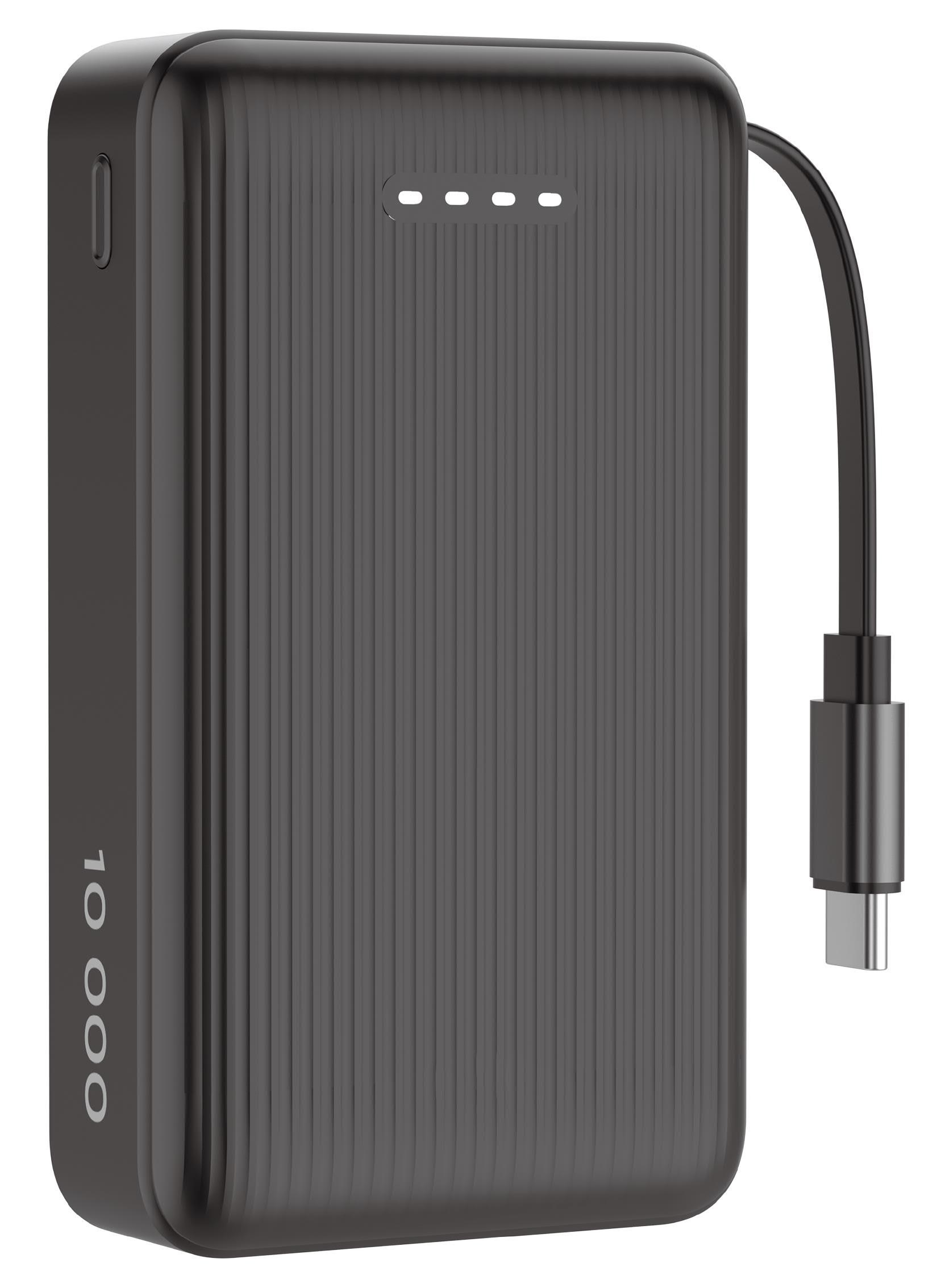 Deltaco PB-CC102 Powerbank | Retractable USB-C cable 90 cm + 1x USB-C Port | PD | Black - 10000 mAh Powerbank Sort