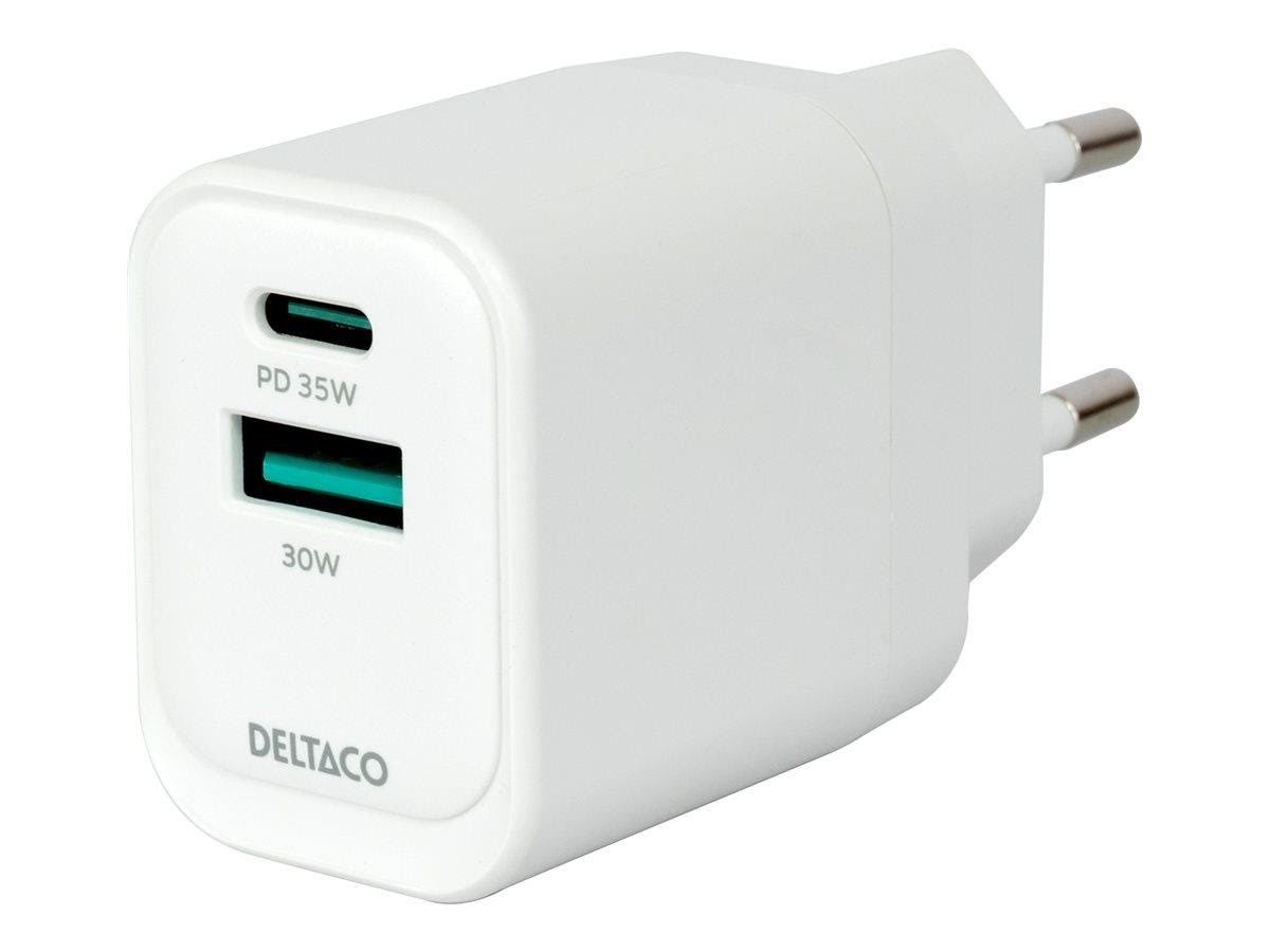 Deltaco USB GaN Wall Charger PD 35W | 1x USB-A | 1x USB-C | PPS + Samsung SFC 25W | White