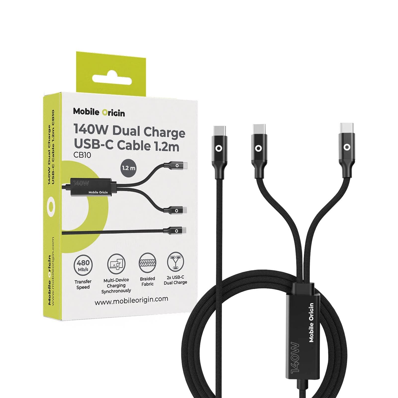 Mobile Origin CB10 140W Dual Charge USB-C Cable - 1.2m Usb Kabel MO-140WDCH-CB10