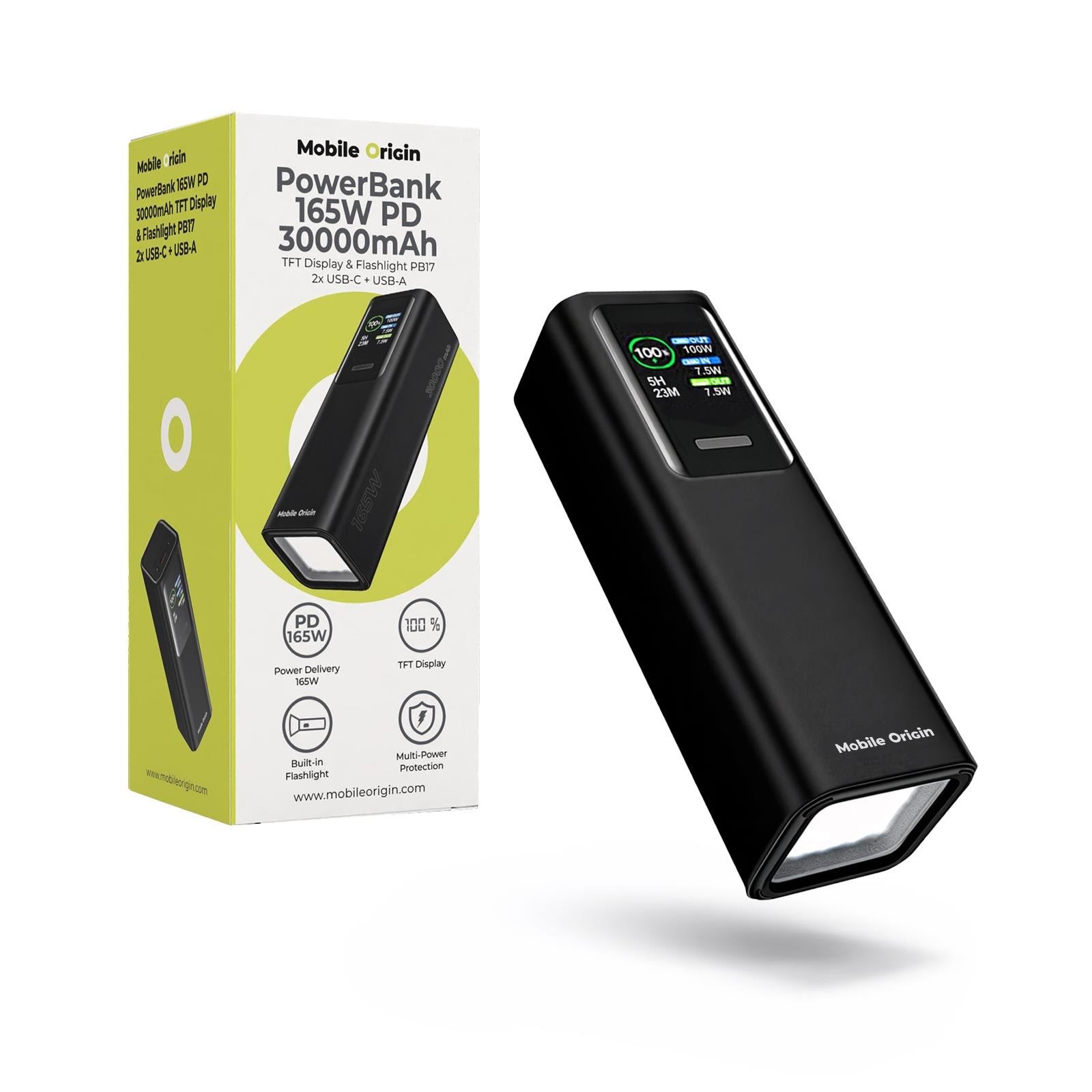 Mobile Origin PB17 PowerBank | TFT Display & Flashlight | 2x USB-C + 1x USB-A | 30000 mAh - 30000 mAh