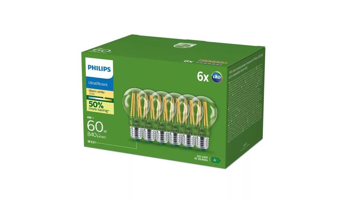 Philips LED pære Ultra Efficient A60 4W/827 (60W) Klar 6-pak E27 Lyskilde 929003623594