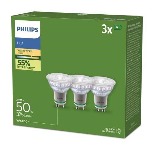 Philips LED pære Ultra Efficient 2,1W/827 (50W) 36° 3-pak GU10 Lyskilde 929003634693