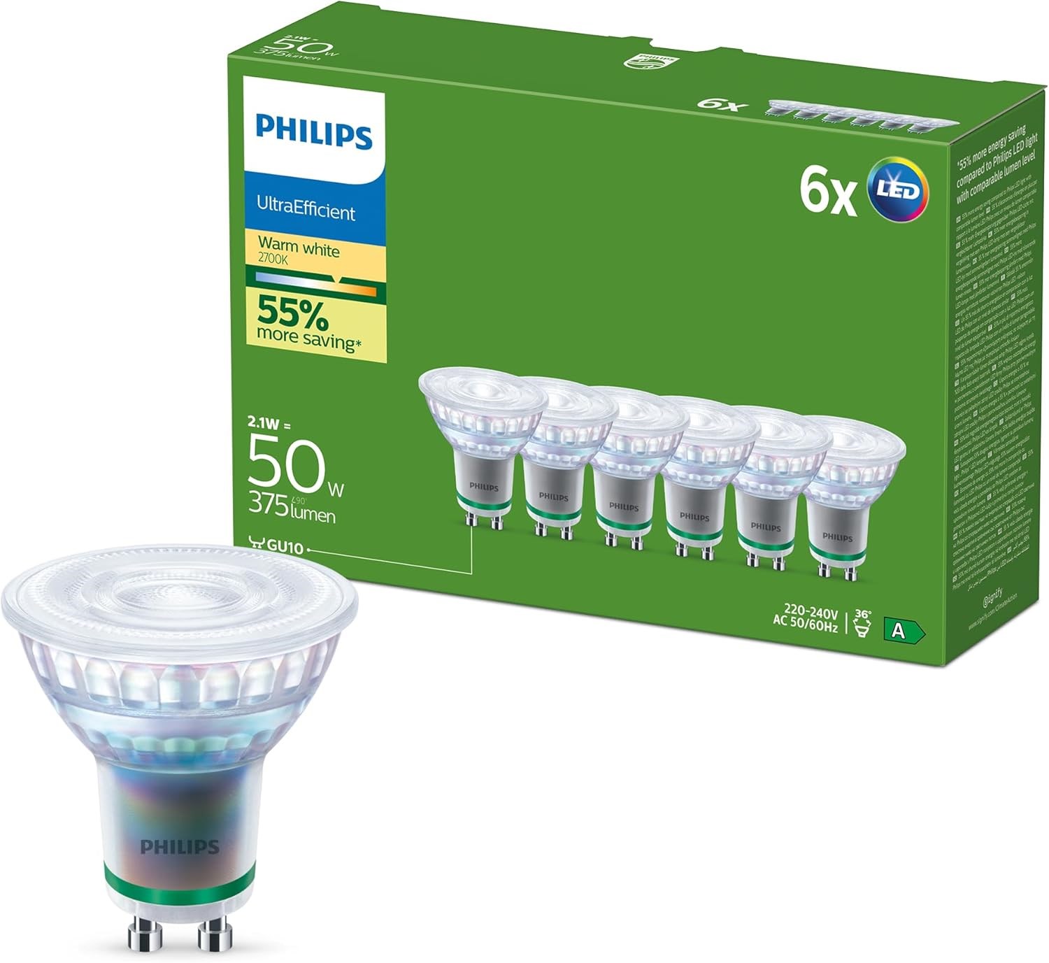 Philips LED pære Ultra Efficient 2,1W/827 (50W) 36° 6-pak GU10 Lyskilde 929003634694