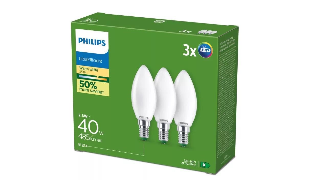Philips LED pære Ultra Efficient B35 2,3W/827 (40W) Mat 3-pak E14 Lyskilde 929003800831