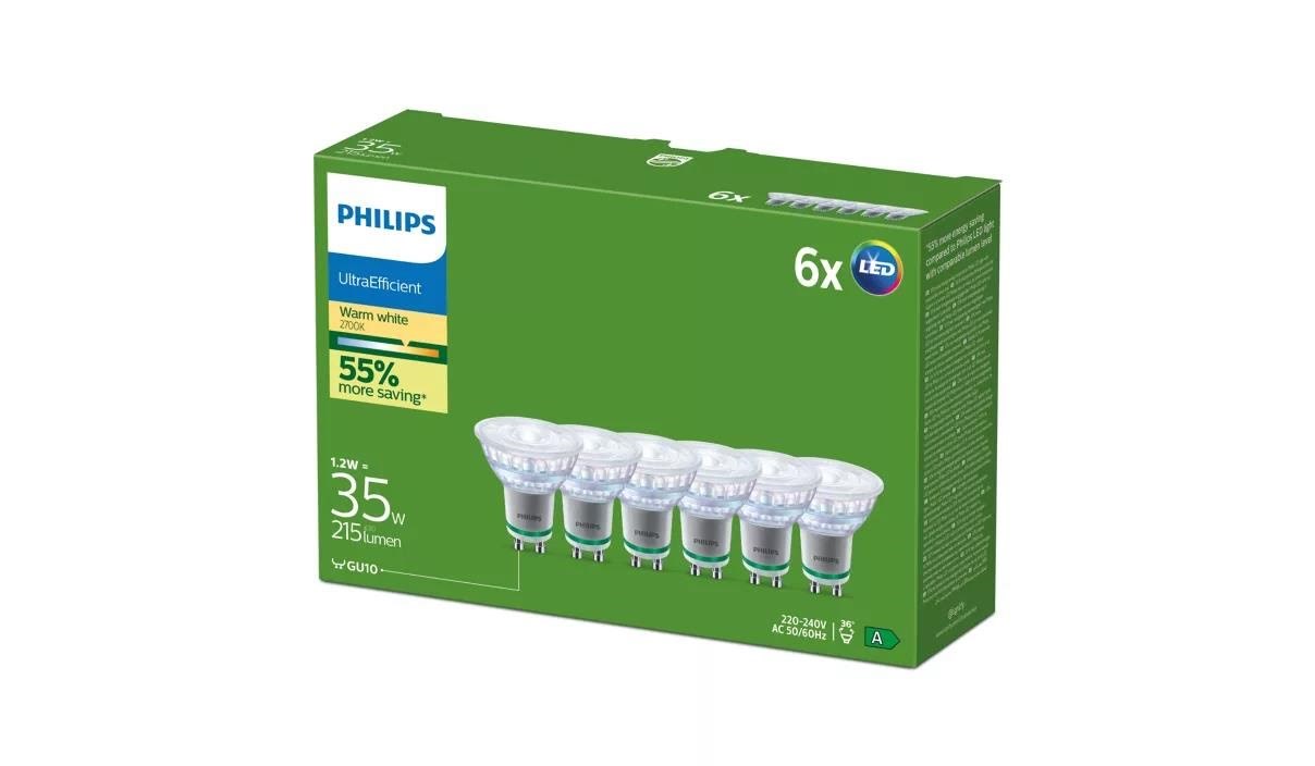 Philips LED pære Ultra Efficient 1,2W/827 (35W) 36° 6-pak GU10 Lyskilde 929004265894