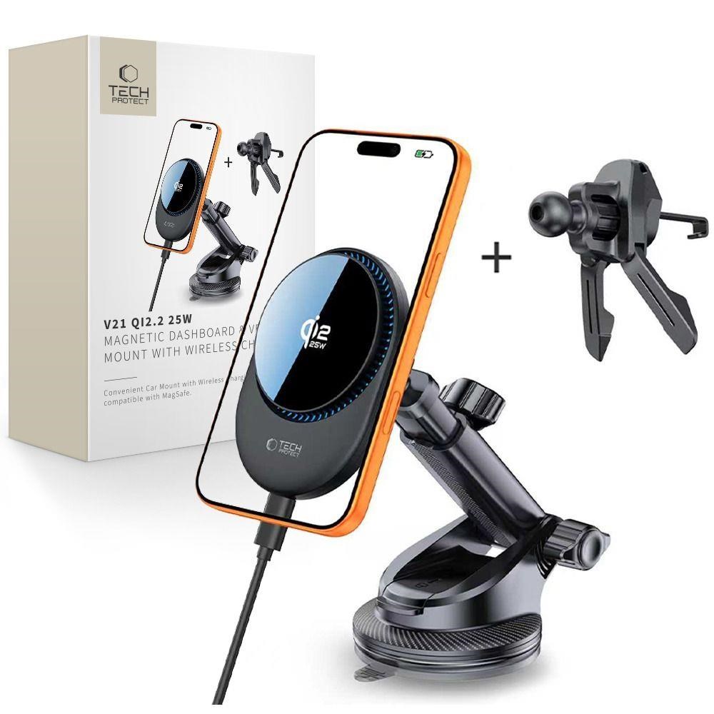 Tech-Protect V21 MagSafe Car Mount with Inductive Charger 25W QI2.2 for Cockpit / Windshield / Air Vent - Black