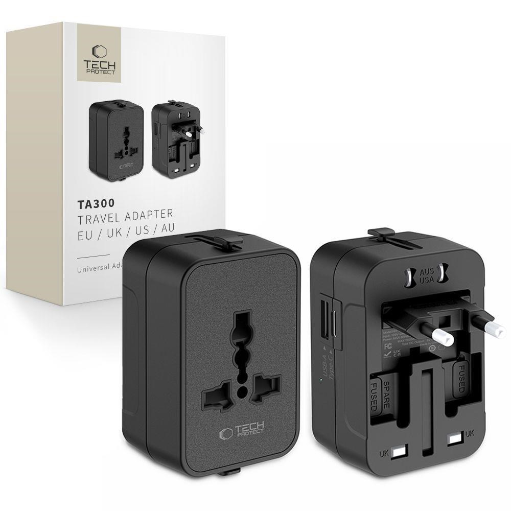 Tech-Protect TA300 Travel Adapter EU/UK/AU - Black Mobil Oplader 5906302392919