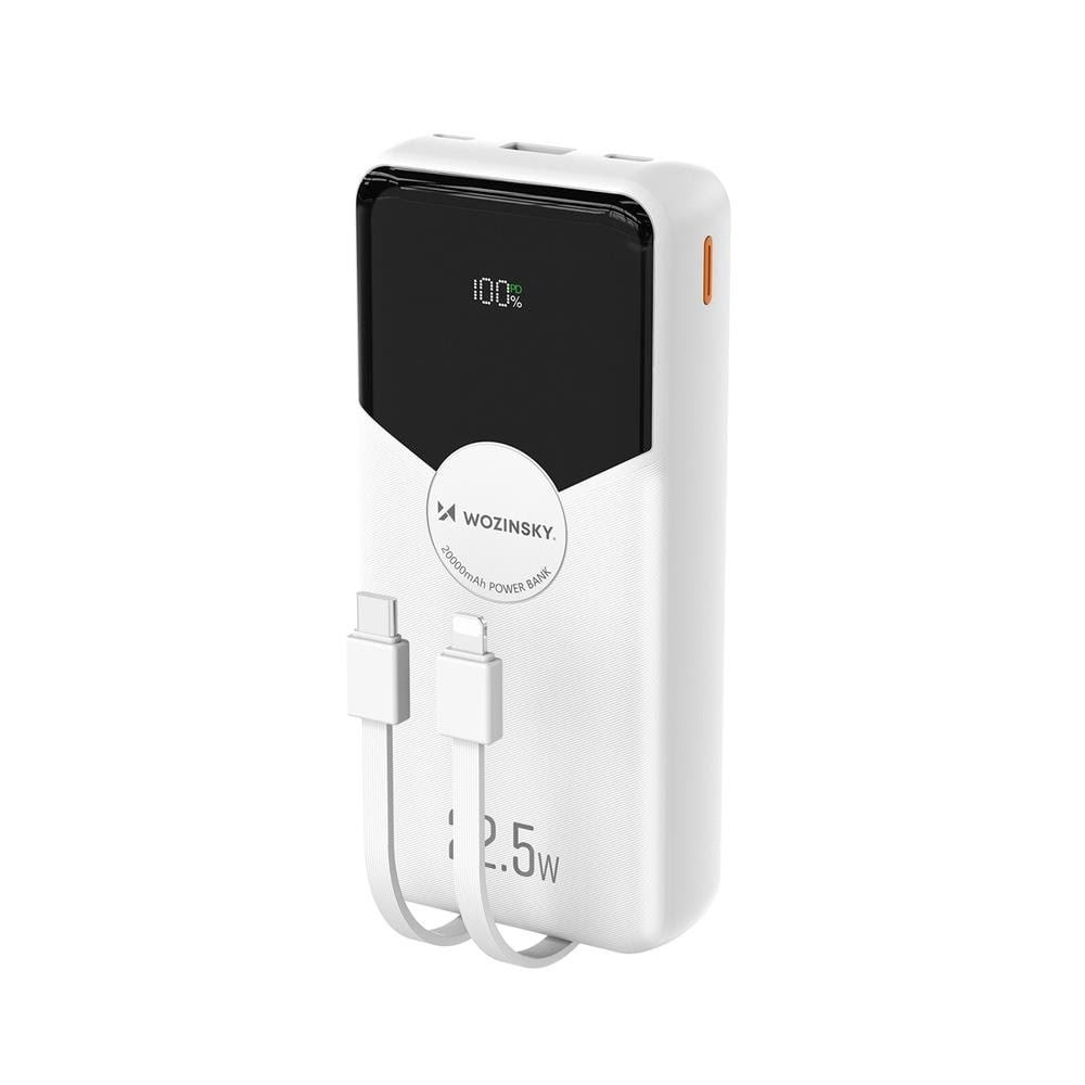 Wozinsky WFC-15W 20000mAh 22.5W PD20W Powerbank with Built-in Lightning and USB-C Cables - White - 20000 mAh Powerbank Hvid 5907769388064