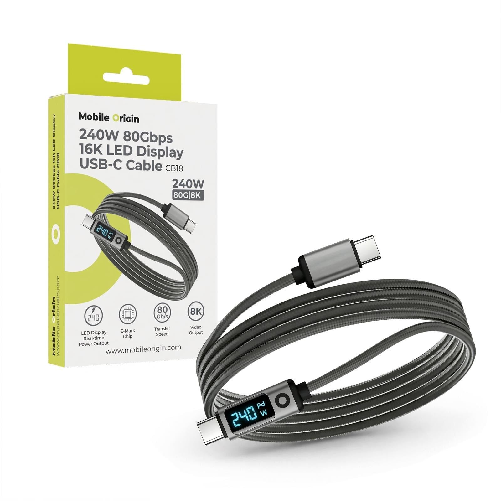 Mobile Origin CB18 1.5m 240W 80Gbps 8K/60Hz LED Display USB-C Cable Usb Kabel Sort MO-LDU-CB18