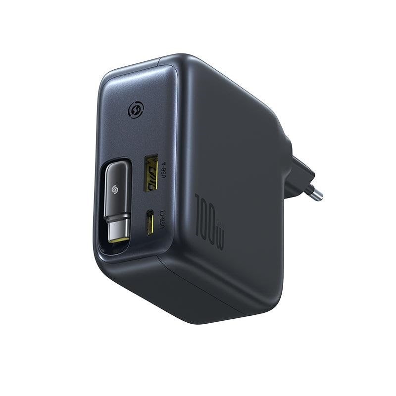 Baseus EnerCore CJ11 100W Wall Charger with USB-A and USB-C Ports and Retractable USB-C Cable - Black