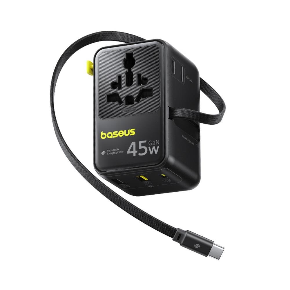 Baseus PicoGo AG11 45W 6-in-1 Travel Adapter with Retractable USB-C Cable - Black Mobil Oplader E0307F00