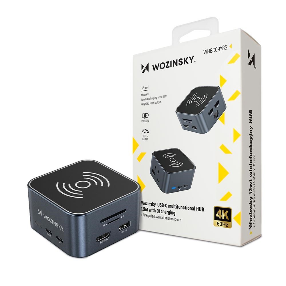 Wozinsky Hub USB-C 12 in 1 WHBC09Y8S multifunctional with wireless charging function aluminum with 15 cm cable - gray USB hub
