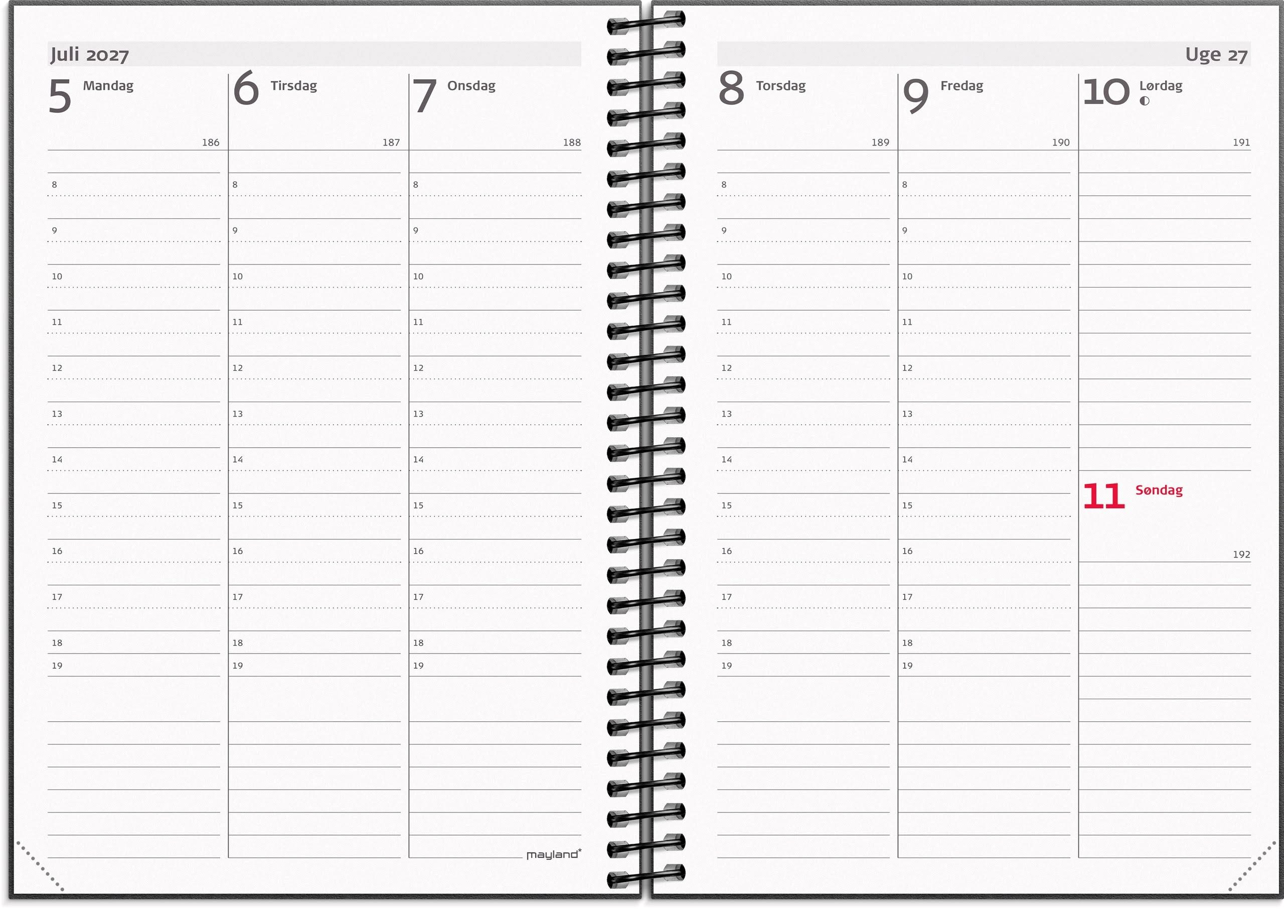 Mayland A6 ugekalender højformat matsort genbrugskarton 2027 Kalender 27201120