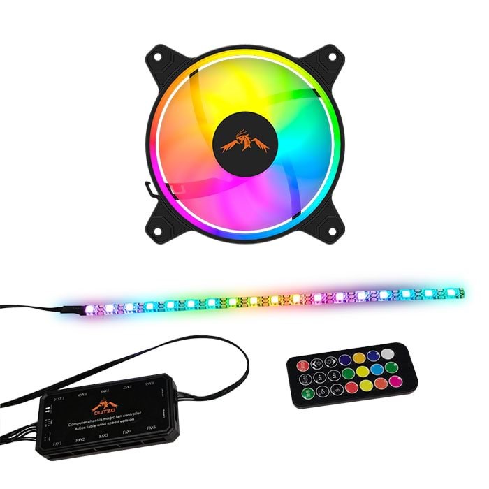 DUTZO RGB Kit 1 - 1x RGB blæser + 1x LED strip + fjernbetjening & controller - 120mm - Sort med RGB LED lys - 24 dBA Kabinetkøler DRGB-BUNDLE1