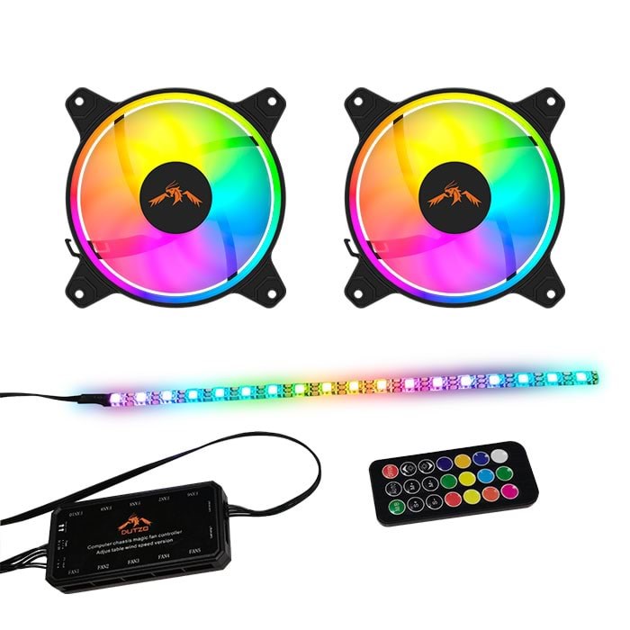 DUTZO RGB Kit 2 - 2x RGB blæsere + 1x LED strip + fjernbetjening & controller - 120mm - Sort med RGB LED lys - 24 dBA