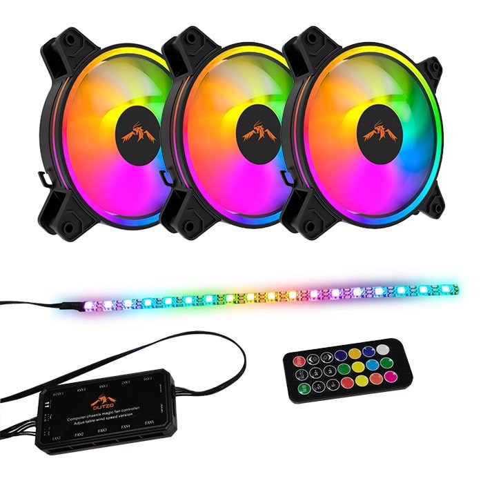 DUTZO RGB Kit 3 - 3x RGB blæsere + 1x LED strip + fjernbetjening & controller - 120mm - Sort med RGB LED lys - 24 dBA Kabinetkøler DRGB-BUNDLE3